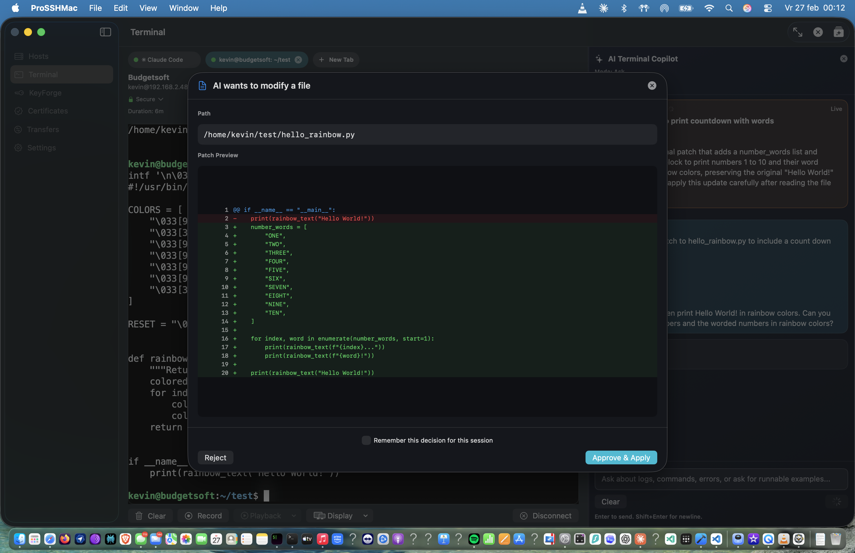ProSSH Mac AI apply patch dialog — showing a unified diff preview with Reject and Approve & Apply buttons before any change is made