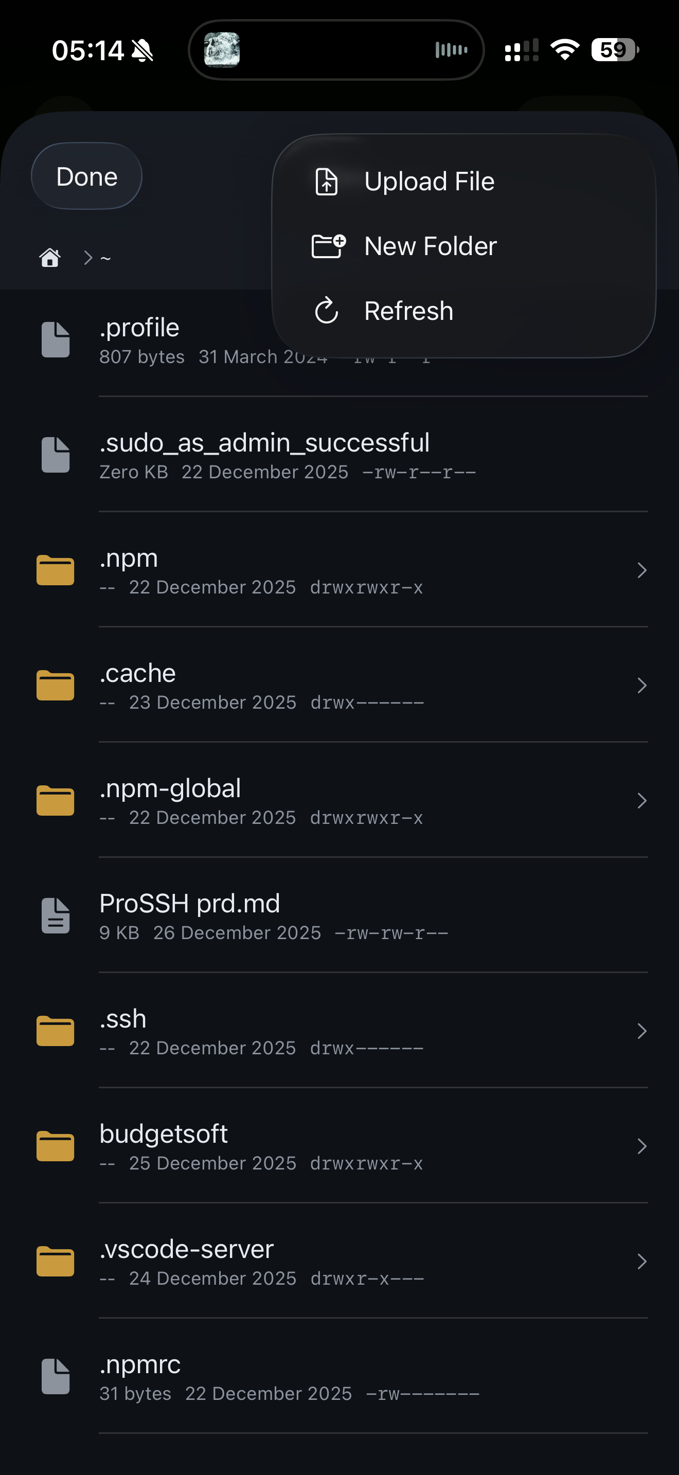 ProSSH SFTP file browser showing directory listing with upload and folder options