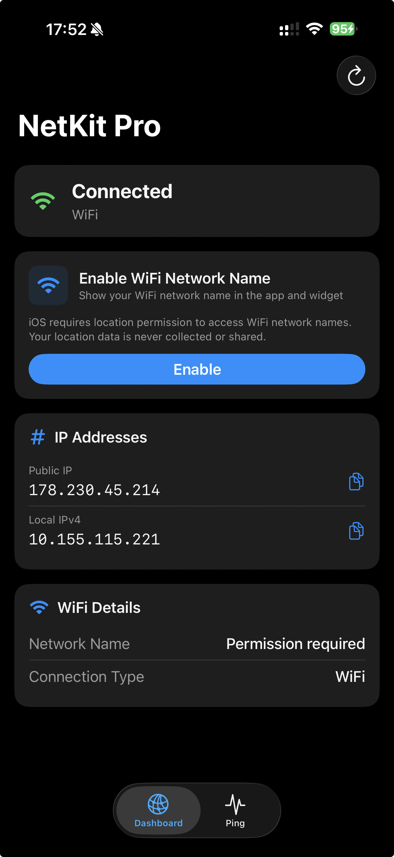NetKit Pro Dashboard with detailed network information