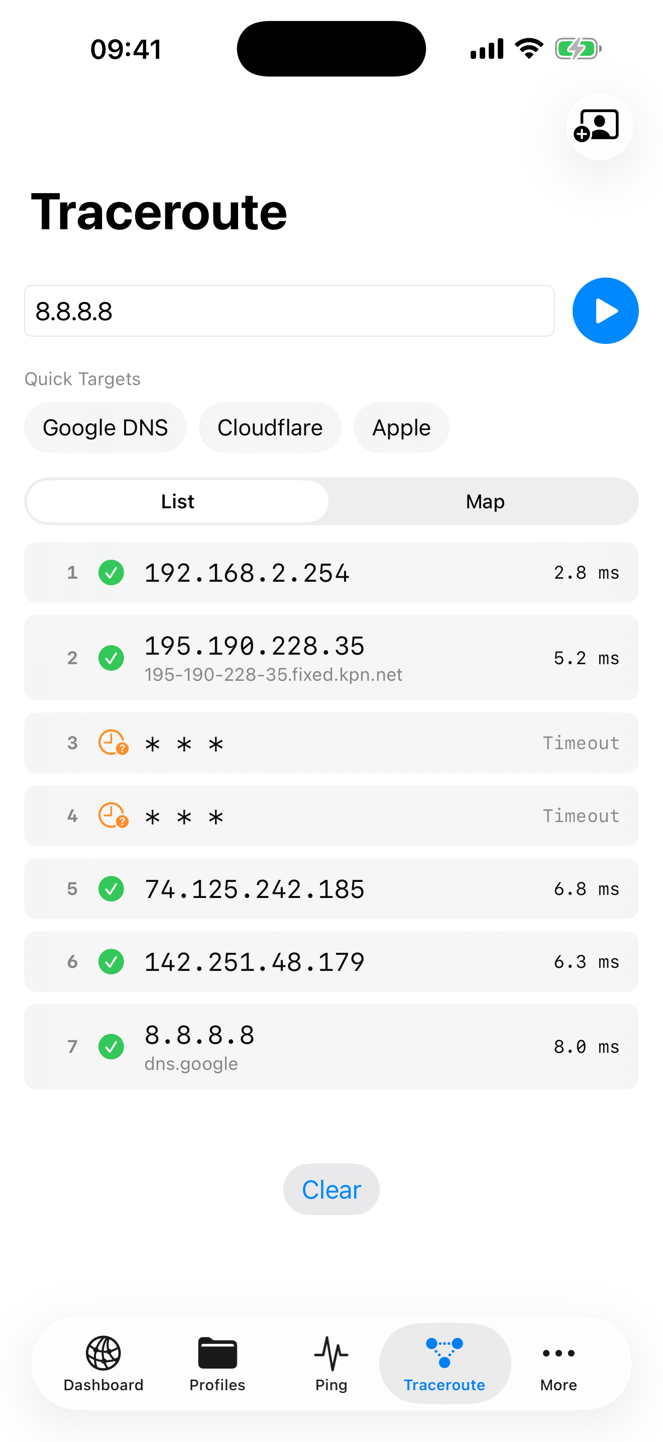 NetKit Pro Traceroute list view showing hop-by-hop path to destination