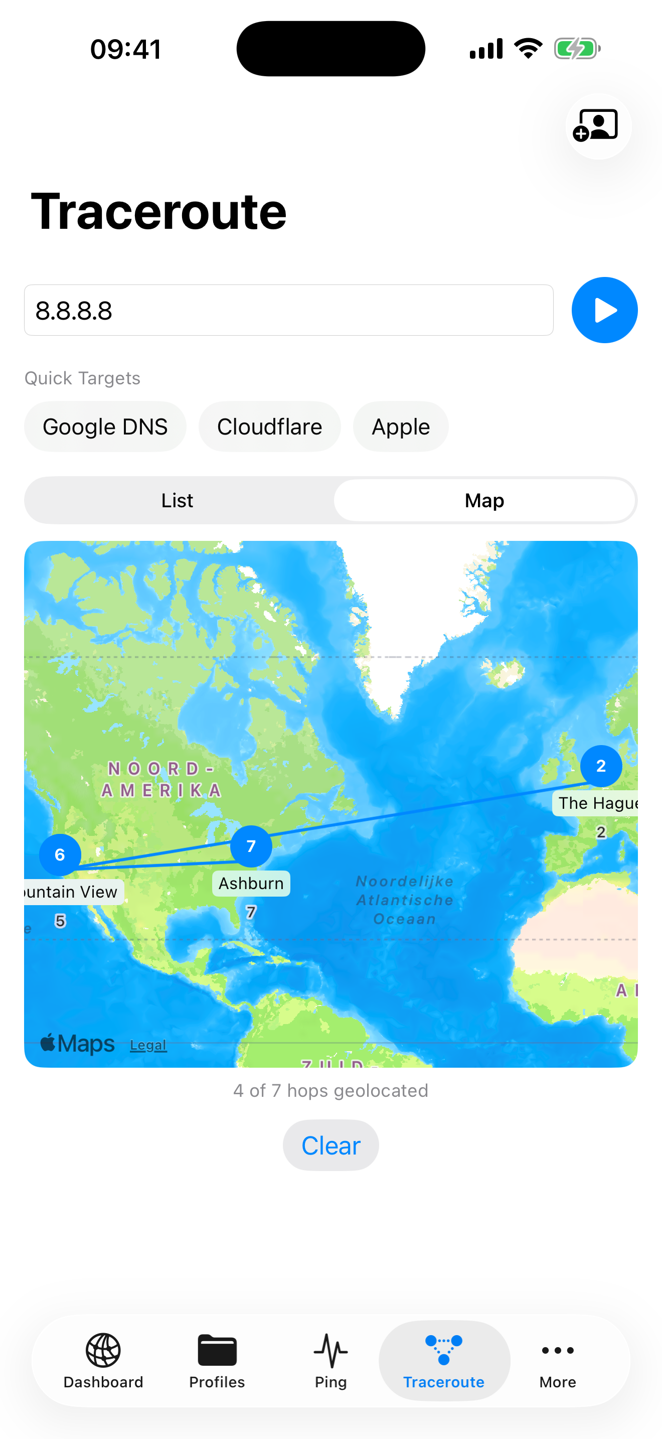 NetKit Pro Traceroute map view showing hop geolocation on a world map