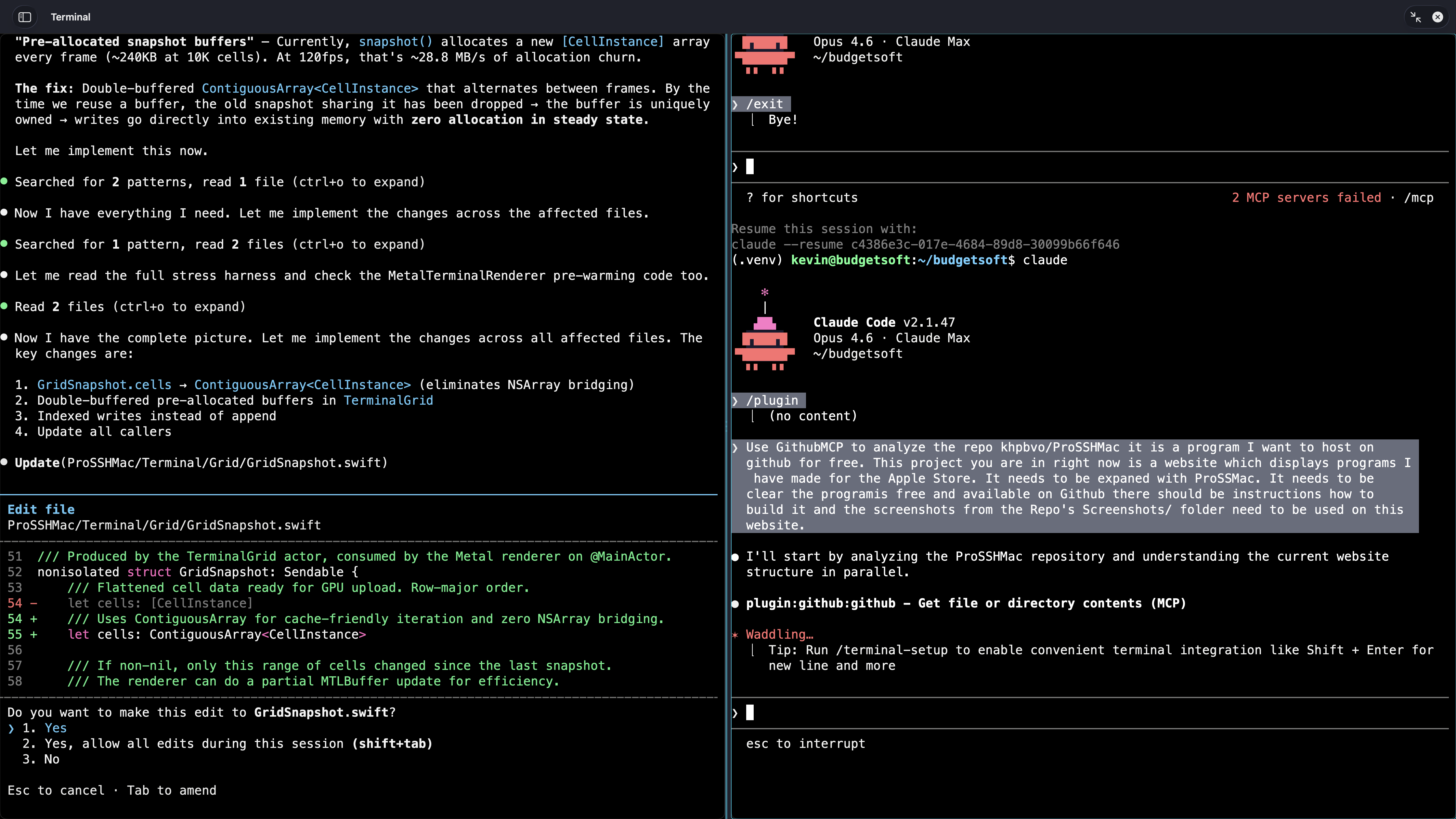 ProSSH Mac split view showing multiple SSH sessions side by side