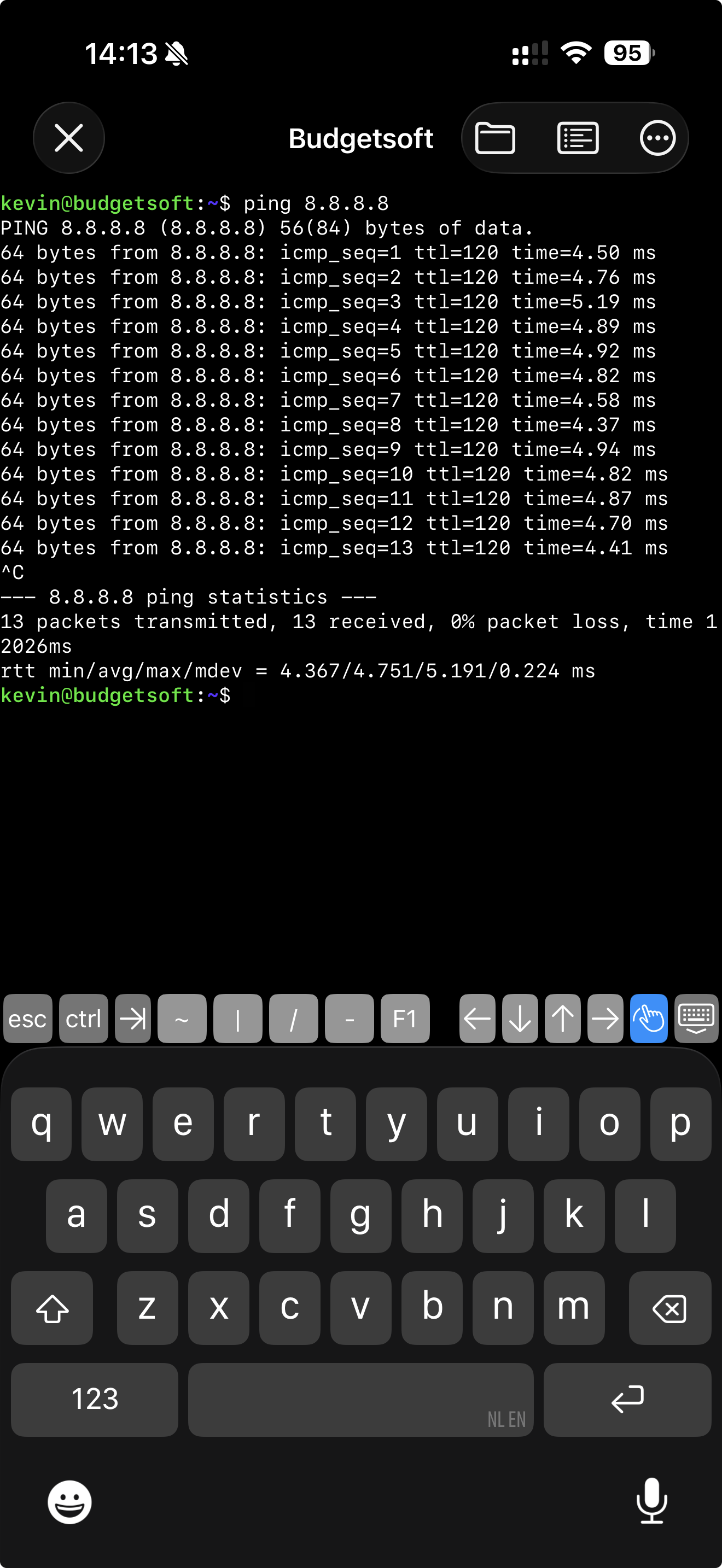 ProSSH terminal view showing SSH session on iOS