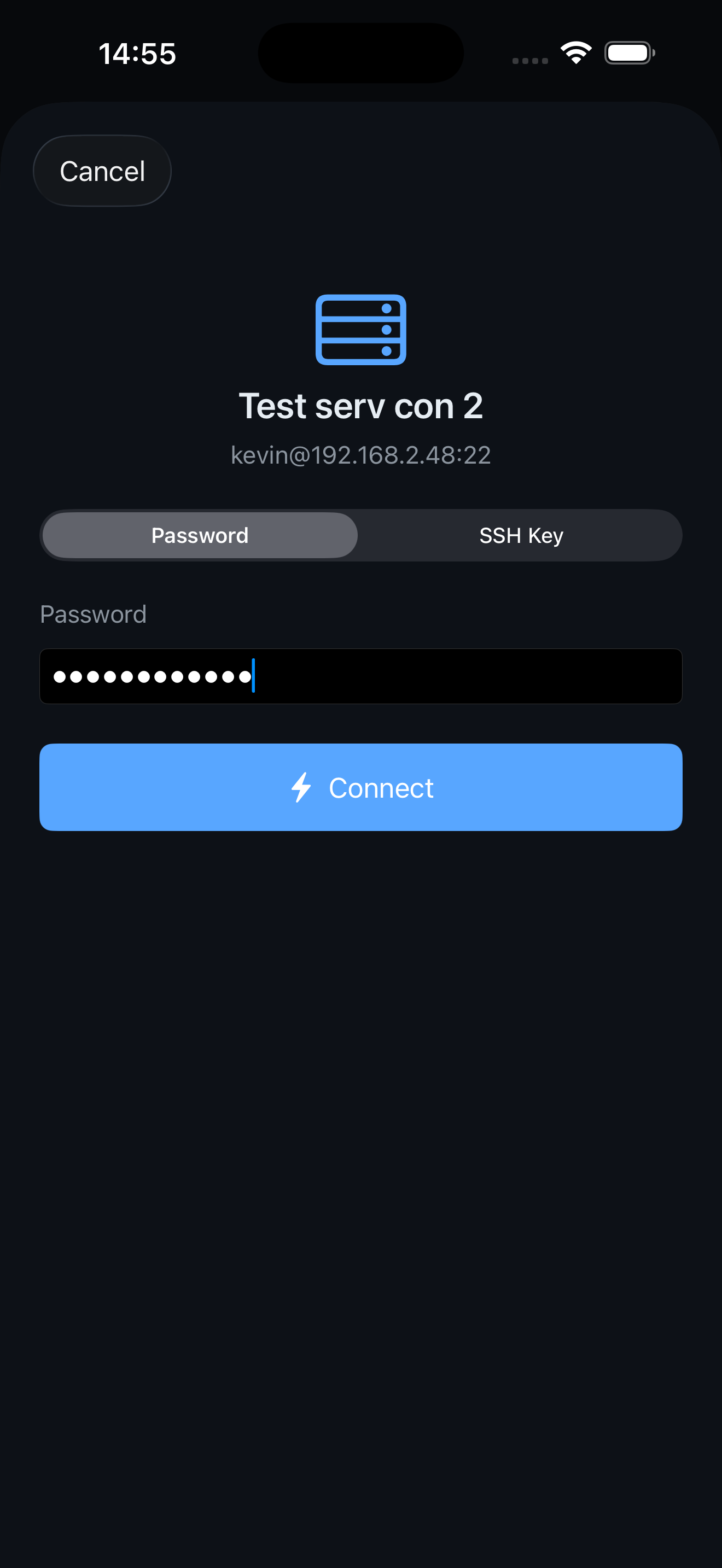 ProSSH connection screen with password and SSH key authentication options