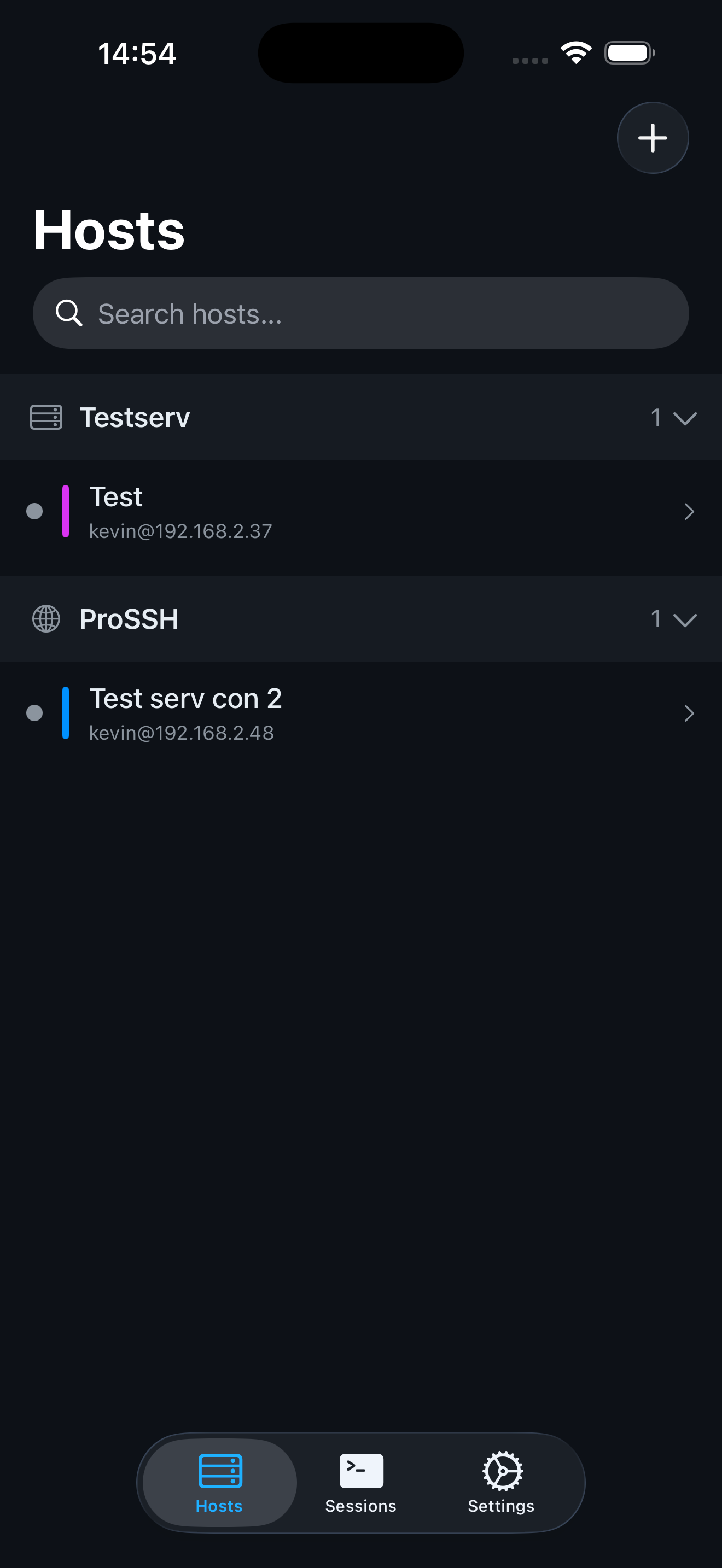 ProSSH Hosts list showing grouped servers with color labels