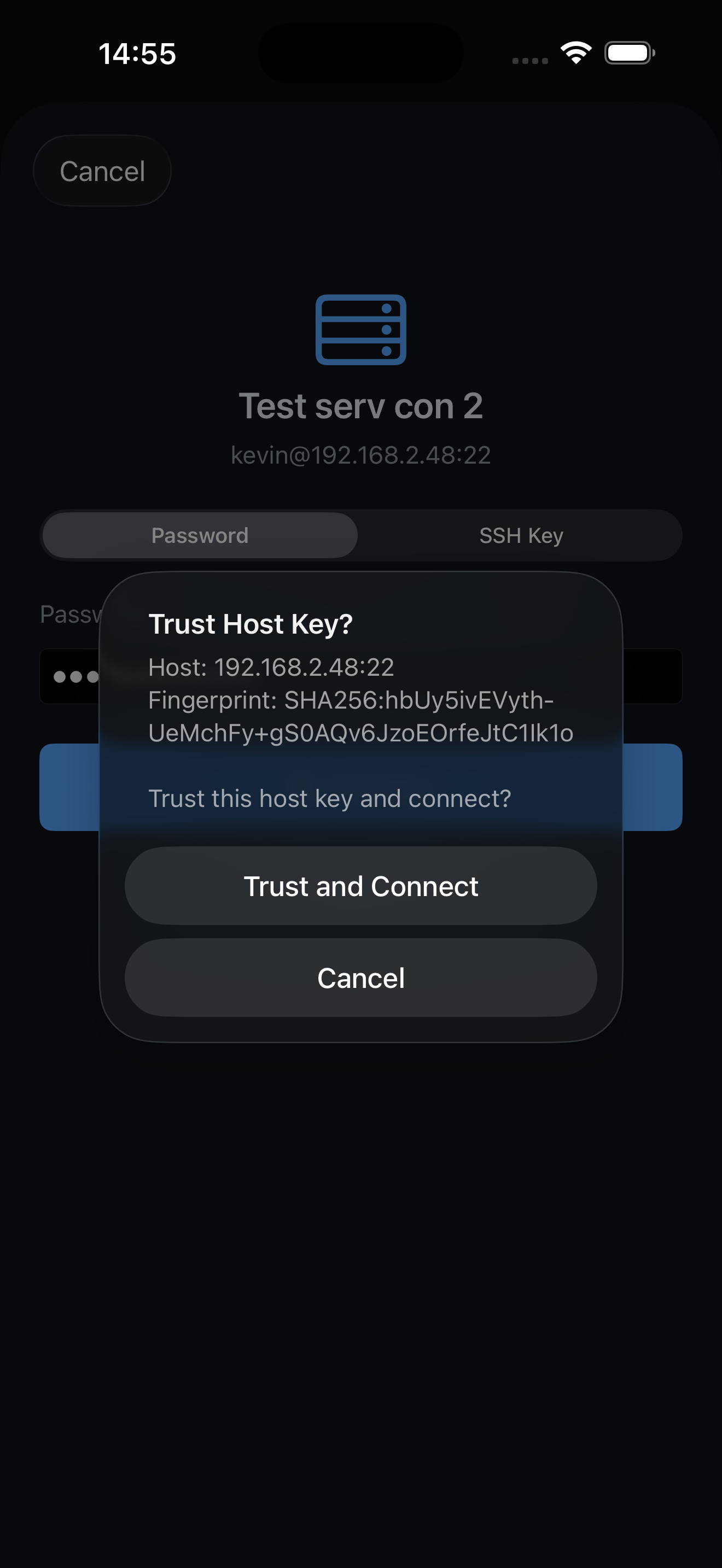 ProSSH host key verification dialog showing fingerprint