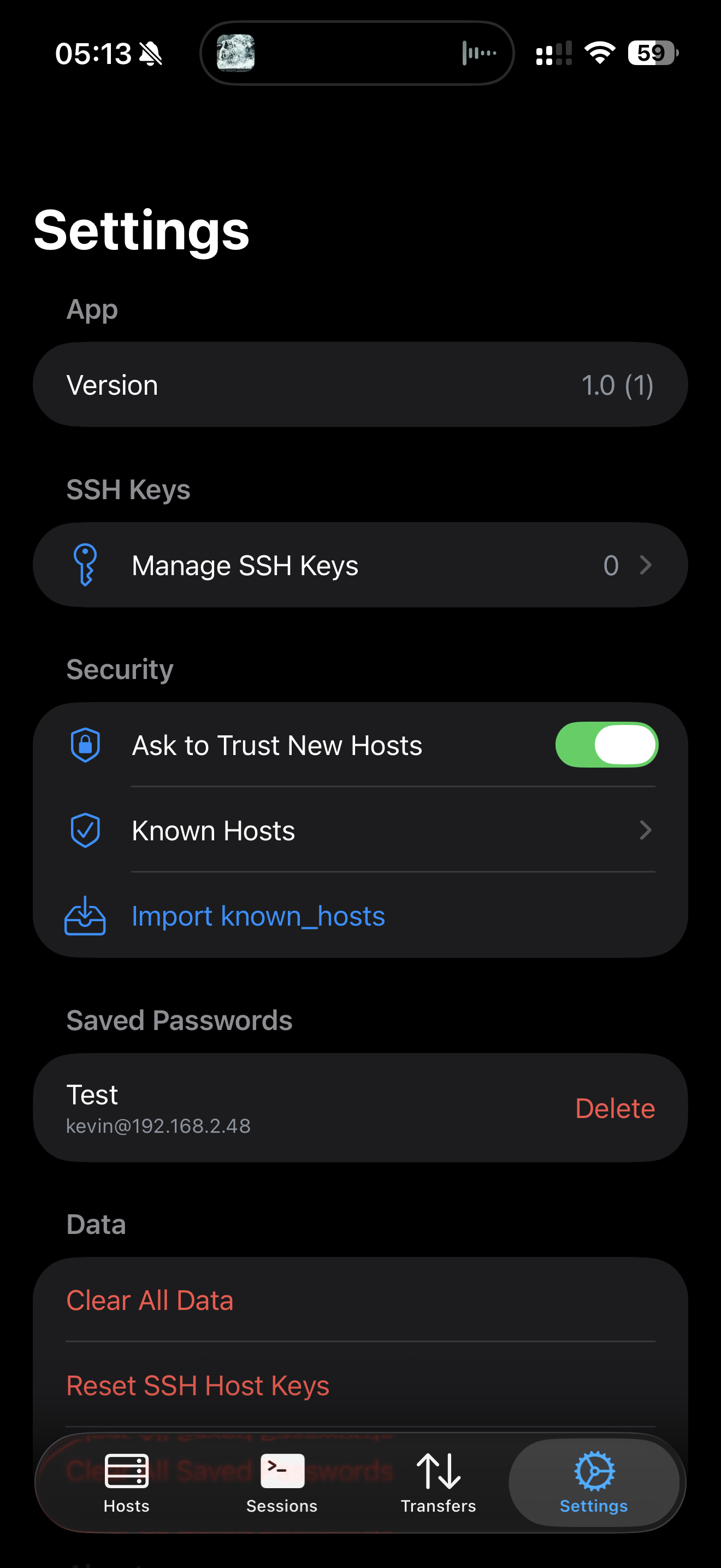 ProSSH Settings menu showing preferences and configuration options