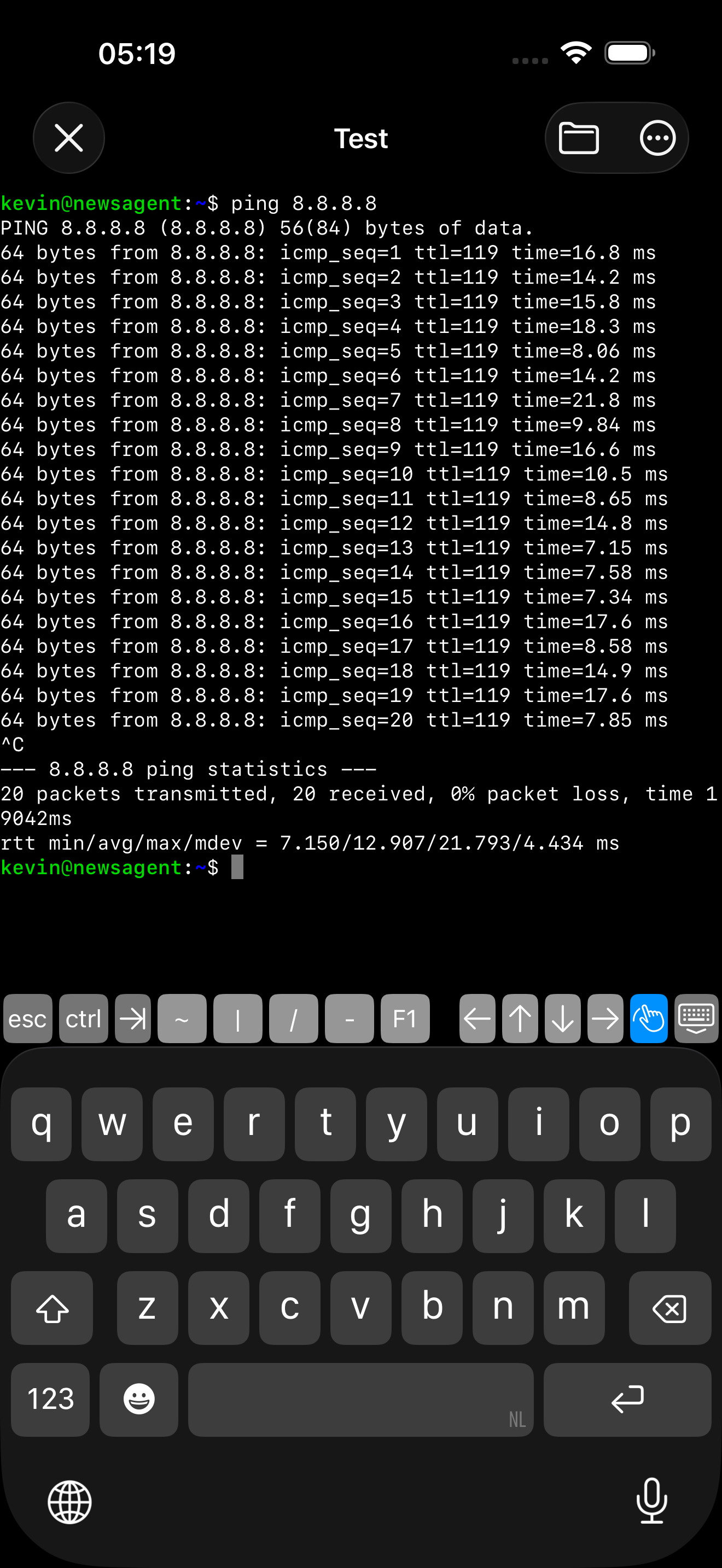 ProSSH terminal running ping command on Ubuntu server