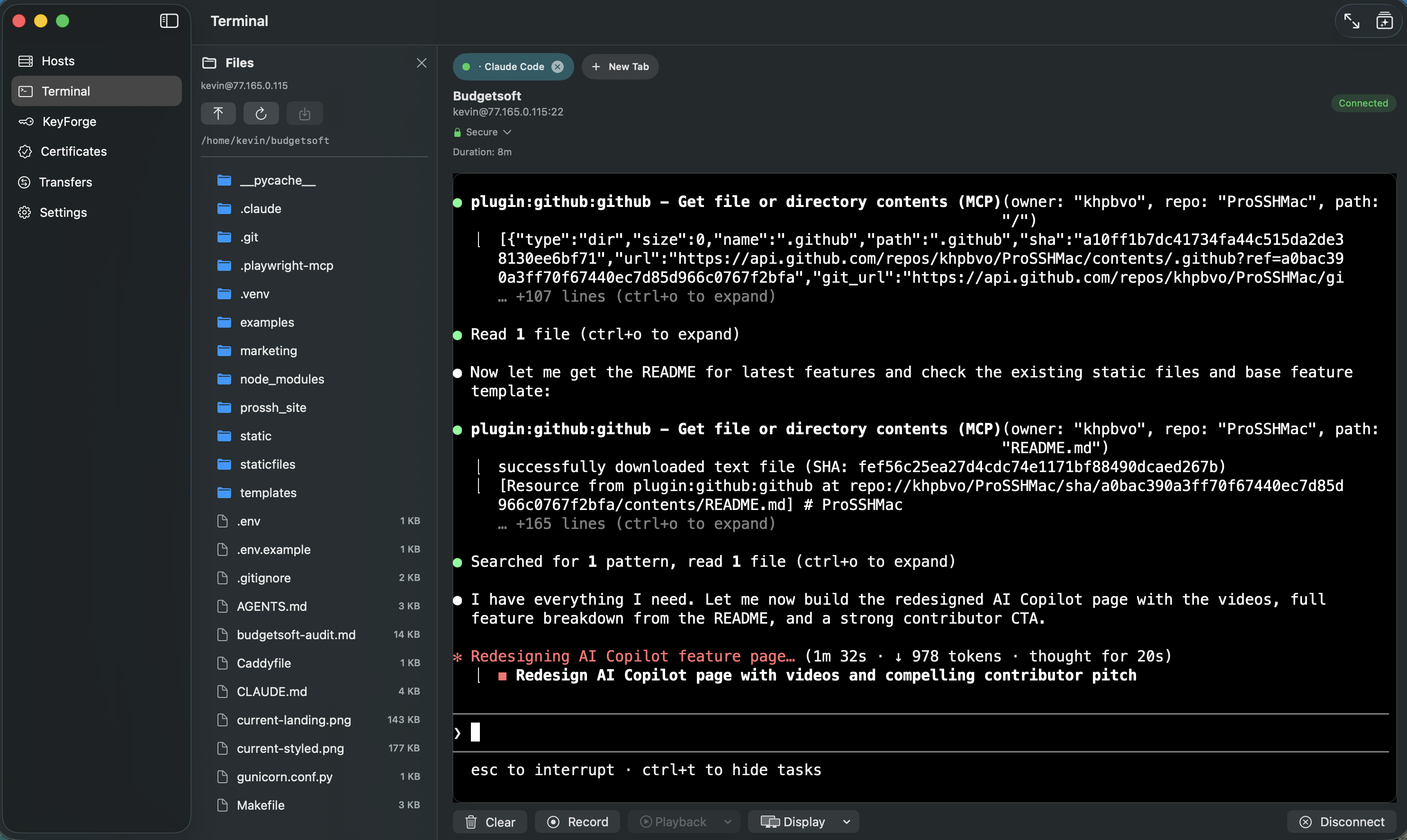 ProSSH Mac AI Terminal Copilot sidebar — context-aware AI agent inside the terminal